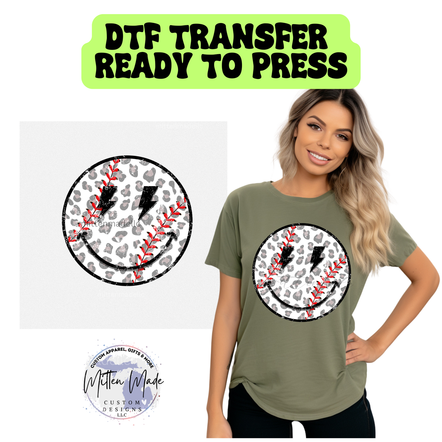 Smiley Baseball DTF Transfer